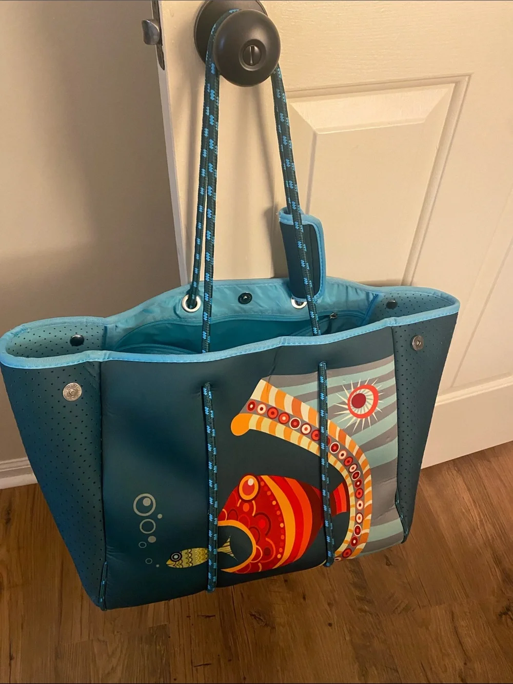 Teal Blue Graphic Tote Bag with Sea Life Print - Picture 1 of 6